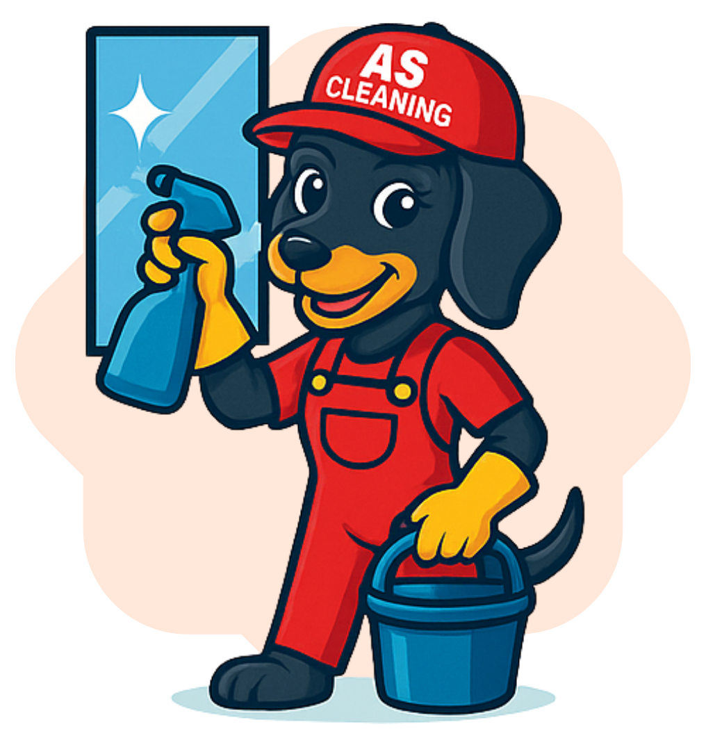 Mascotte Naya d’AS Cleaning en tenue de nettoyage, représentant l’entreprise de nettoyage professionnelle à Rodange au Luxembourg.